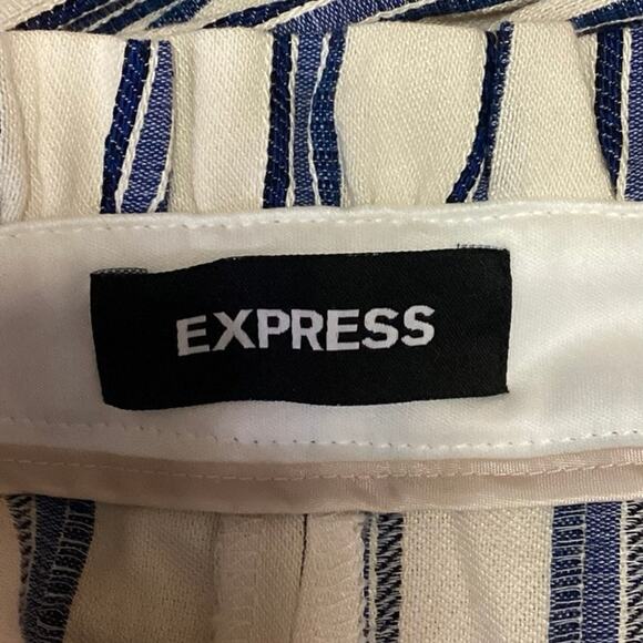 Express Blue White Stripe Ruffle High Rise Straight Leg Paperbag Trouser Pants 2 - Picture 4 of 7